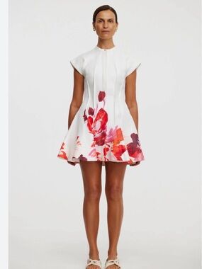 Acler White Mini Dress with Red and Pink Floral Hem